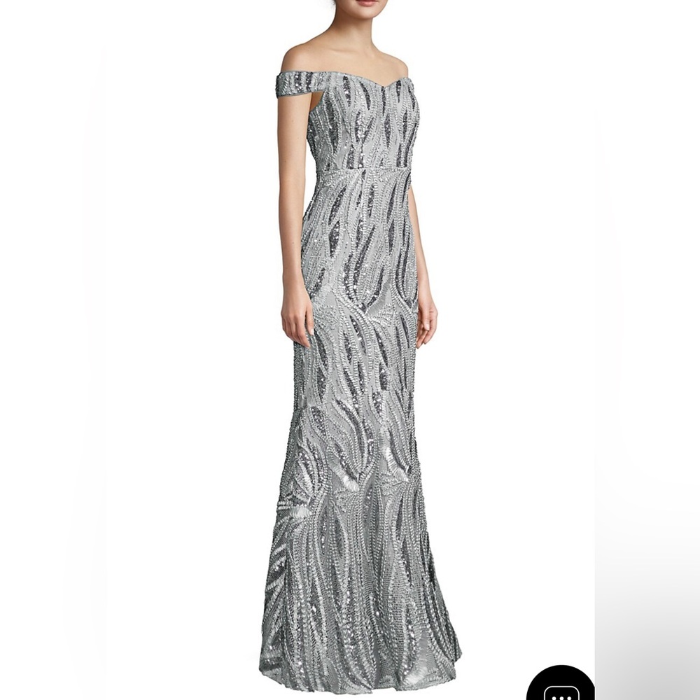 Women’s Formal Dress Size 12 AIDAN MATTOX Beaded Sequins Off Shoulder Silver